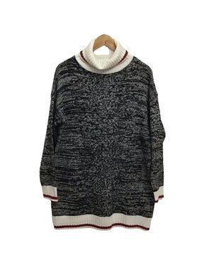 GREY red white chunky knit sweater large oversized turtle neck cowl